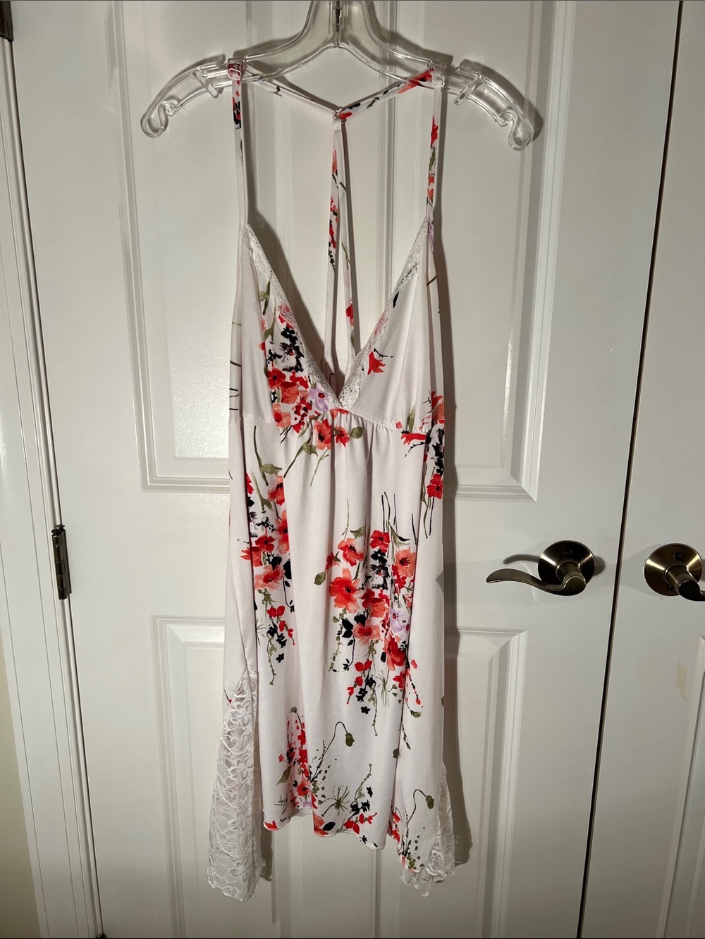 White Floral Lace-Trim Chemise with Red Blossom Print